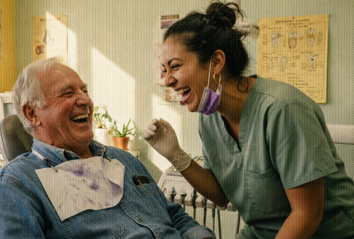 A dentist and a patient sharing a laugh